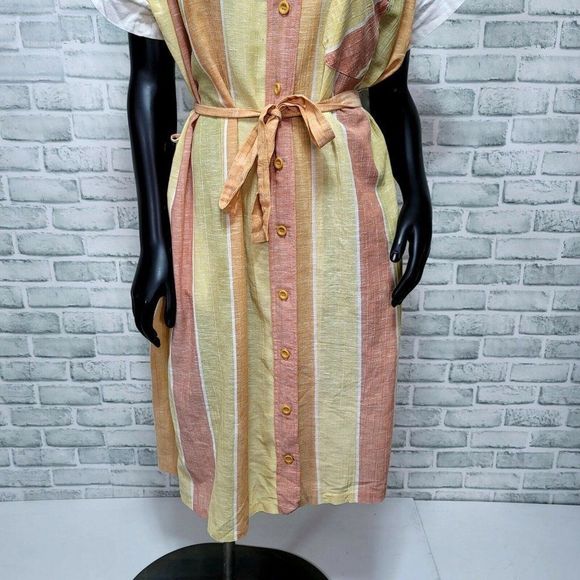 Vintage 80s Rudnik Lightweight Sheer Cotton Orange Striped Shirt Shift Dress - Picture 5 of 7